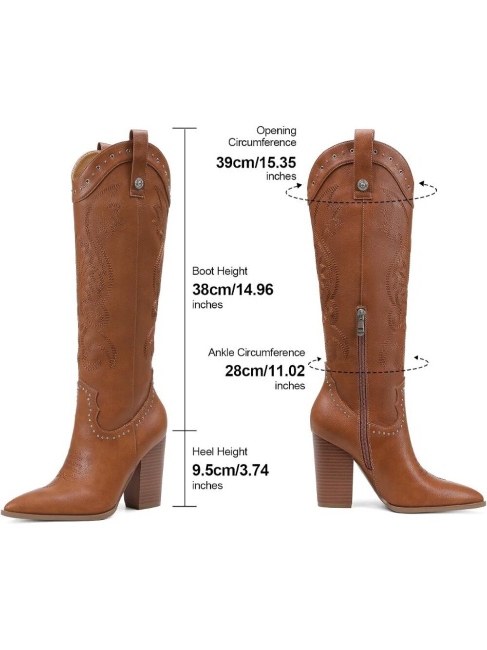 Women's Pointed Toe Chunky High Heels 2 Brown Pull-on Embroidered Western Boots - Picture 6 of 6